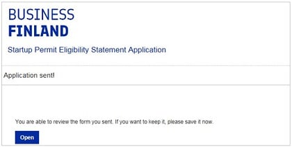 Startup permit application sent confirmation message